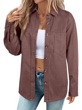 Women's Brown Oversized Long Sleeve Button Down Blouse Top V Neck Denim Shirt